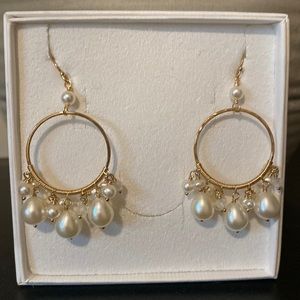 Pearl and Gold Hoop Dangle Statement Earrings